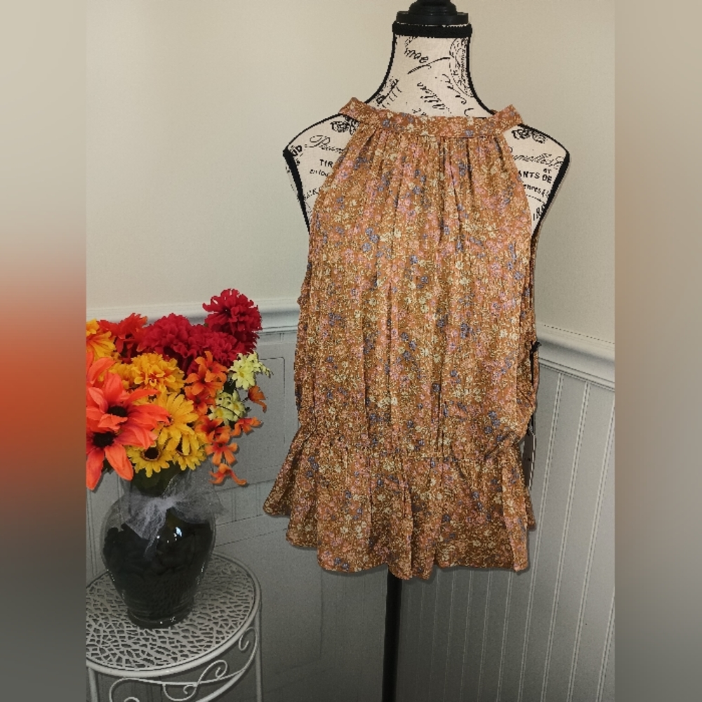 NWT Women's Japna Tan Floral Sleeveless High Neck and Tie Back Large Top